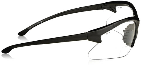 Side view of Dual-Reader Safety Glasses For Overhead And Upside-Down Work, +1.5 Diopter Readers, Anti-Scratch Polycarbonate Lenses.