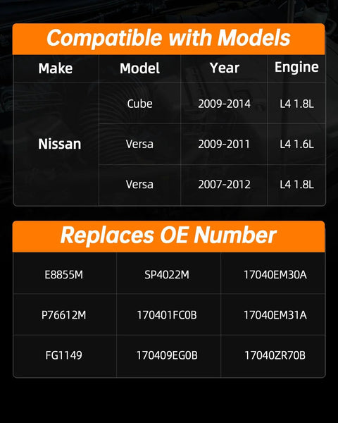 Compatibility and OE numbers chart for Electric Fuel Pump Module Assembly E8855M For Nissan Cube And Versa 2007 To 2014 1.6L 1.8L Engines