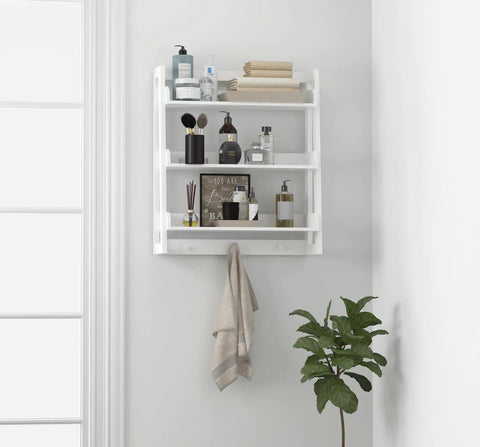 Over Toilet Bathroom Wall Shelf Organizer 3 Tier Wall Mount Shelf Rack With Hooks White Finish holding toiletries and towels