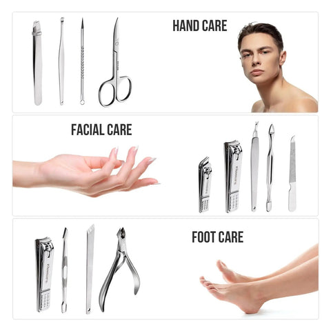 Manicure Set For Men 13-Piece Stainless Steel Nail Kit With Leather Travel Case Pedicure Tools Grooming Essentials Heavy-Duty Clippers At Home Or On The Go, showing tools for hand, facial, and foot care.