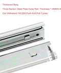 Close-up of three-section steel Beefed-Up Heavy Duty 45mm Full Extension Bayonet Drawer Slides showing outer rail and silent operation features.