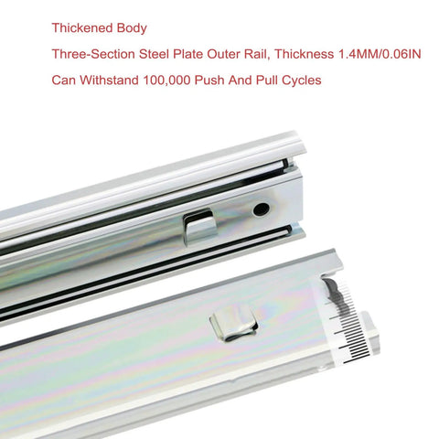 Close-up of three-section steel Beefed-Up Heavy Duty 45mm Full Extension Bayonet Drawer Slides showing outer rail and silent operation features.