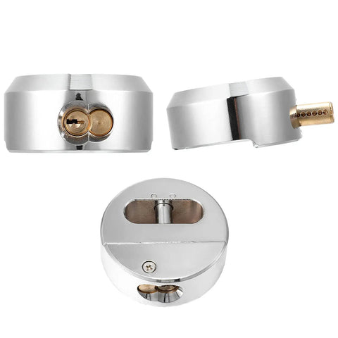 Three Two Pack Hidden Shackle Puck Padlocks Two And Seven Eighths Inch Built Tough Heavy Duty Trailer Locks Keyed Alike, chrome finish