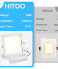 HITOO 8 Inch Square Recessed Ceiling Light, 3CCT, Dimmable, White, 2 Pack with specifications on wattage and brightness.