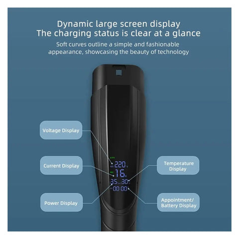 Dynamic display of Sleek Portable Ev Charger With Type 2 Connector And EU Plug shows voltage, current, and temperature readings.