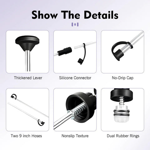Details of Heavy Duty 200Cc Manual Oil Extractor Pump With Two Spare Tubes: thickened lever, no-drip cap, silicone connector.