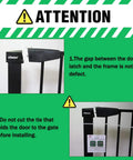 Walk Through Baby Gate With Auto Close And Tension, White Metal Safety Gate details show latch gap and installation tie warning.