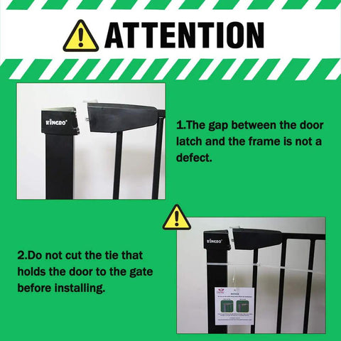 Walk Through Baby Gate With Auto Close And Tension, White Metal Safety Gate details show latch gap and installation tie warning.