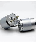 Rock Solid 385 Series DC Electric Motor 12V 18V 24V Multi Volt 9000RPM High Torque 28MM Shaft Ultra Quiet Housing angle view