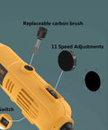 Portable Handheld Tungsten Electrode Sharpener Grinder For TIG Welding, showing replaceable brush, speed adjustments, and switch