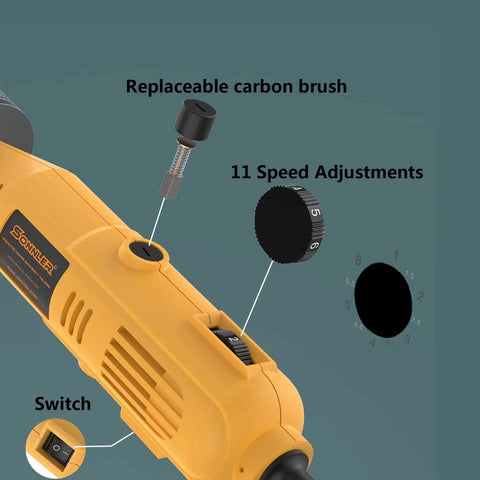 Portable Handheld Tungsten Electrode Sharpener Grinder For TIG Welding, showing replaceable brush, speed adjustments, and switch