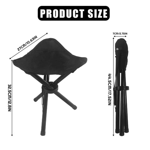 Travel Folding Camping Stool Portable Tripod Chair For Outdoors Fishing Picnic Beach Mountaineering, black, folded and open view