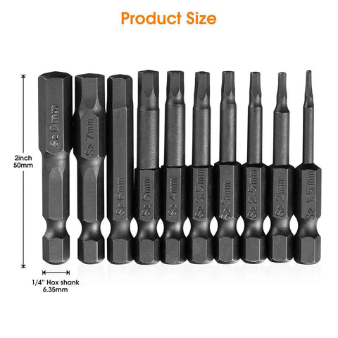 Rugged S2 Steel Hex Head Screwdriver Bit Set, 10 Pieces, 1.5-8mm Metric Range, 1/4 Inch Hex Shank, 2 Inch Length, Magnetic