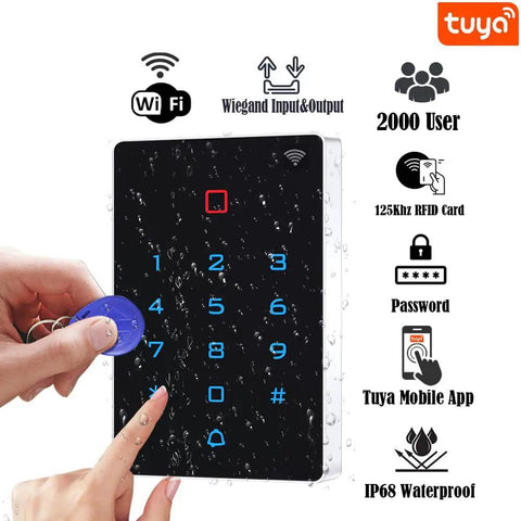 WiFi Tuya Access Control Keypad With 125kHz Card And Dope Mobile App Control IP68 Waterproof Wiegand Door Lock Opener shown in use