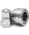 3/8 Inch NPT Hydraulic Quick Connect Coupler Set Built From Tough As Nails 316 Stainless Steel with detailed connection mechanism.