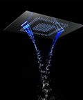 Straight Up Luxury Ceiling Mounted Thermostatic Shower System With LED Rainfall Mist Waterfall Heads showing sleek LED waterfall panel
