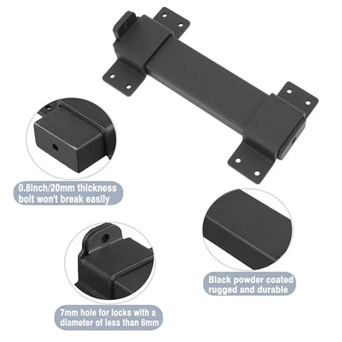 Badass Heavy Duty Carbon Steel Slide Gate Latch Lock With Reinforced Padlock Hole For Fence Shed Barn Yard Security Bolt with rugged black powder coating.