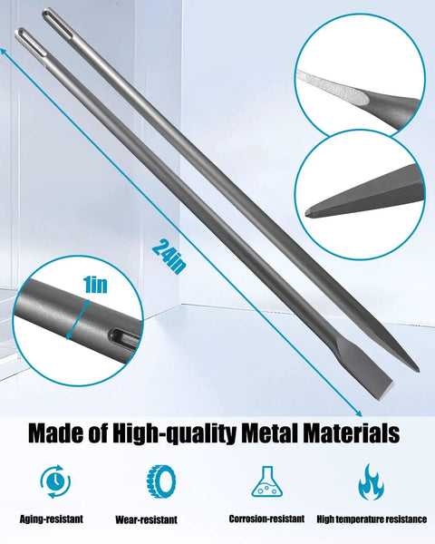 Flat And Pointed SDS Max Chisel Set 24 Inch By 1 Inch Wide For Rotary Hammers Breakers And Jackhammers 2 Piece