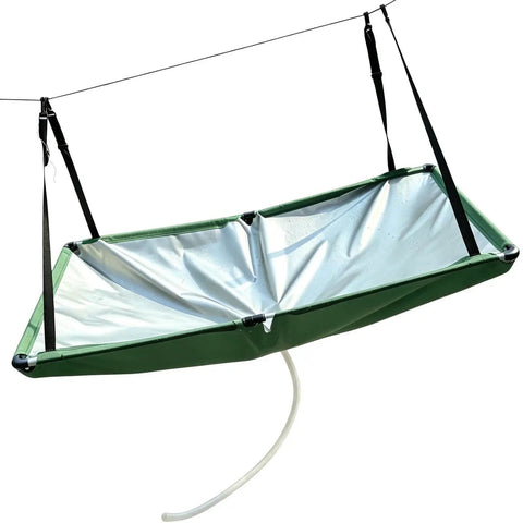 Heavy Duty 40x20 Inch Rainwater Catchment Mat With 3 Foot Hose Portable Oxford Cloth Harvesting Tarp suspended on a line.