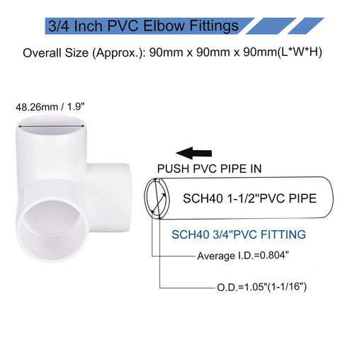 Six Pack 3 Way 1-1/2 Inch PVC Pipe Fittings Connectors Set For DIY Plumbing Projects, Durable PVC elbow fitting shown with size labels