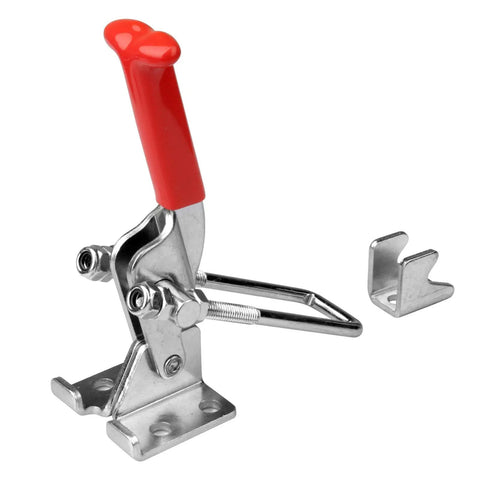 Front view of Two Pack Beefy Toggle Latch Clamp 304 Stainless Steel Adjustable Quick Release Latches, red handle, metal base.