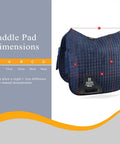 Dressage Ready Equestrian Saddle Pad For Horses Breathable Moisture Wicking Navy Pad with dimension details and contoured fit
