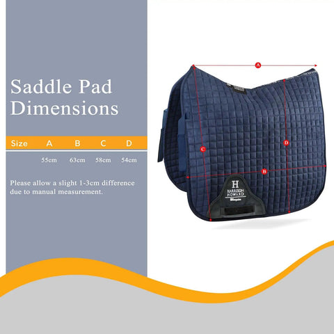 Dressage Ready Equestrian Saddle Pad For Horses Breathable Moisture Wicking Navy Pad with dimension details and contoured fit