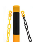 Close-up of Hardcore 6 Pack Safety Bollards With Fillable Base And Interlocking Chains High Visibility Yellow Black plastic post and chains.
