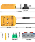 Diagram of Power Wheel Adapter For 20V Battery Converter Kit with dimensions, 12 AWG wiring, terminal blocks, and switch shown.