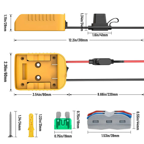 Diagram of Power Wheel Adapter For 20V Battery Converter Kit with dimensions, 12 AWG wiring, terminal blocks, and switch shown.