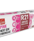 Unfaced R21 Fiberglass Insulation Batts Configured For 2X6 Walls in pink packaging, measuring 16x96 inches for wall installations.