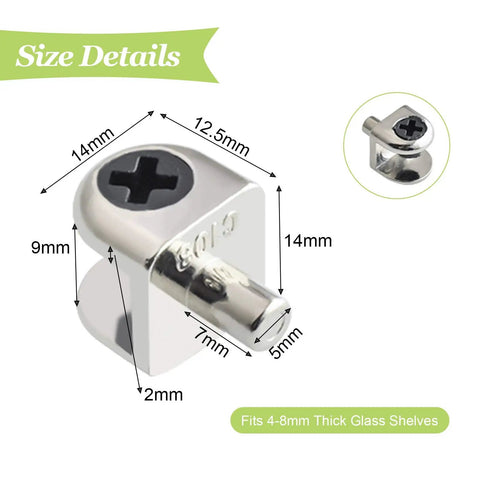 Rock Solid Wall Mounted Glass Shelf Brackets 20 Piece Zinc Alloy Pin Clamps Fit 4 To 8mm Shelves dimensions and design details.