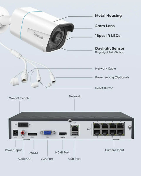 4K Ultra HD PoE Security Camera System With Four Cameras, H.265, 8-Channel NVR With 2TB HDD, showing metal housing and ports