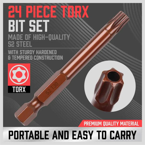 Tamper Proof Torx Screwdriver Bit Set 24 Piece Security Kit with long S2 steel construction bit, focus on quality and portability.