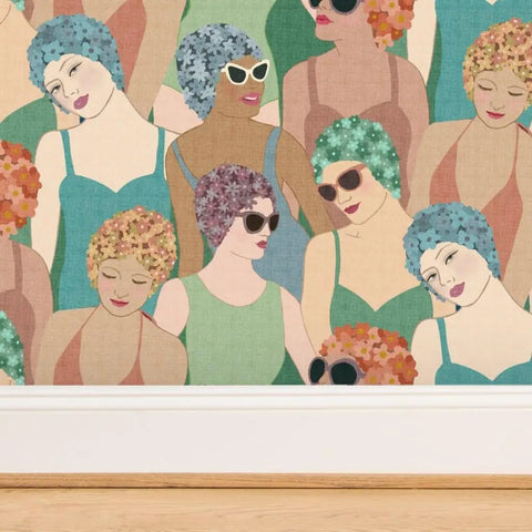 Hella Durable Art Deco Wallpaper Featuring Elegant Feminine Designs With Super Tough Linen Texture Surface and PVC Free Type II, shown in vibrant floral patterns.