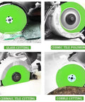 Collage showing Ultra-Thin 4.5 Inch Glass Cutting Disc Diamond Blade For Angle Grinder in use cutting glass, tile, and cobble