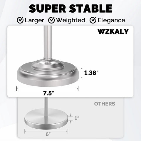 Diagram showing heavy weighted base design of Free Standing Toilet Paper Holder With Pivoting Post, Brushed Nickel Finish.