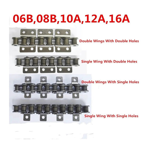 Sturdy 06B-1 Roller Drive Chain 1.5M Length Featuring Double Hole Attachments, showcasing various wing designs for heavy-duty use.