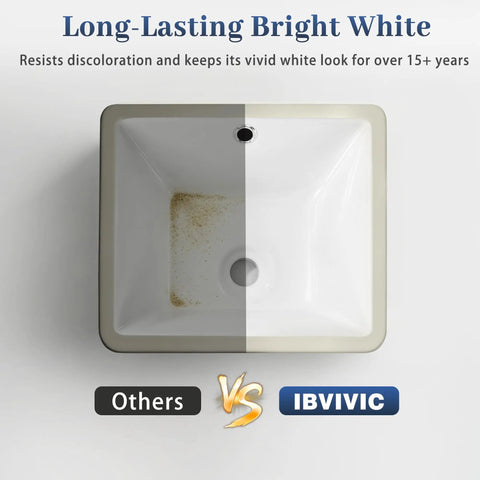 Comparison of IBVIVIC Undermount Bathroom Sink, 14.4x12.7 Inch white porcelain ceramic vessel sink, showcasing its bright white surface.