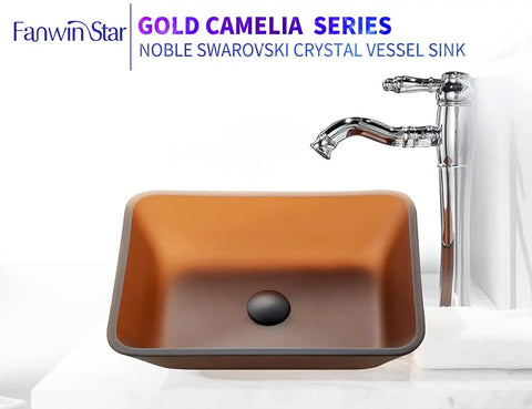 Star Gold Camelia Series Rectangular Tempered Glass Vessel Sink For Bathroom, Tea Matte Finish, Above Counter Vanity Bowl