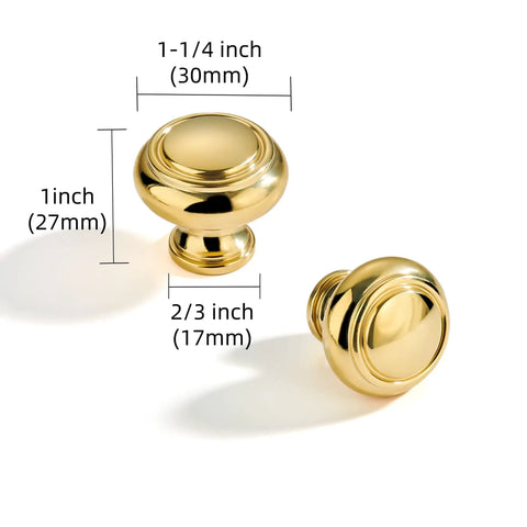 Luxury Solid Real Unlacquered Brass Cabinet Knobs Handmade Heavyweight Builds, 1-1/4 inch, shown with size measurements.