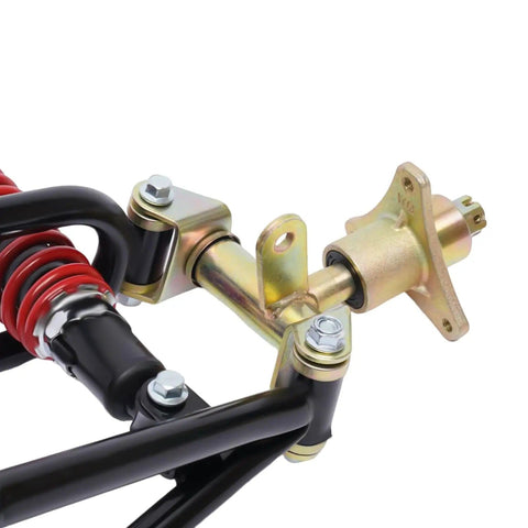 Close-up of Beefed Up Front Suspension Swingarm Kit With Upper And Lower Arms And 220mm Shock For DIY ATV Quad Go Kart Buggy Bolt On Upgrade.