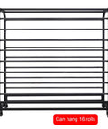 Rock Solid Commercial Fabric Roll Storage Rack Featuring Adjustable Hanging Bars For Wallpaper Linen Setup Plus Hella Sturdy Steel Frame, front view, holds 16 rolls.