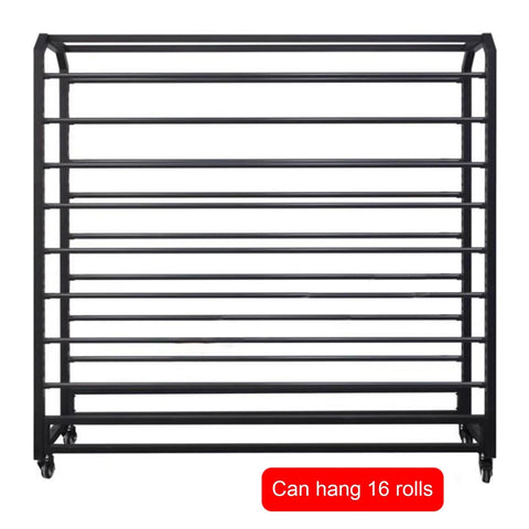Rock Solid Commercial Fabric Roll Storage Rack Featuring Adjustable Hanging Bars For Wallpaper Linen Setup Plus Hella Sturdy Steel Frame, front view, holds 16 rolls.