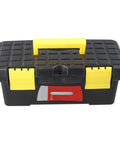 Front view of 10 Inch Plastic Toolbox With Dual Layer Organization And Secure Latch Portable Hardware Storage Case for Electricians and Carpenters Black