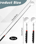 Two Pack Telescoping Inspection Mirror Set With Flexible Circular Mirrors, 360 Degree Rotating Heads and Extended Handle for Easy Vehicle Checks, Car Maintenance and Tight Spots, 2 Inch Diameter shown with product size dimensions.