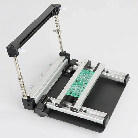 Manual Solder Paste Printer For PCB SMT Stencil on metal honeycomb platform, high precision with adjustable paste thickness focus.