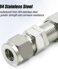 OD straight connector adapter, 304 stainless steel, compression nuts, 3/8 inch, close-up view