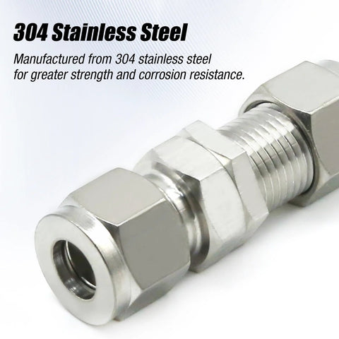 OD straight connector adapter, 304 stainless steel, compression nuts, 3/8 inch, close-up view