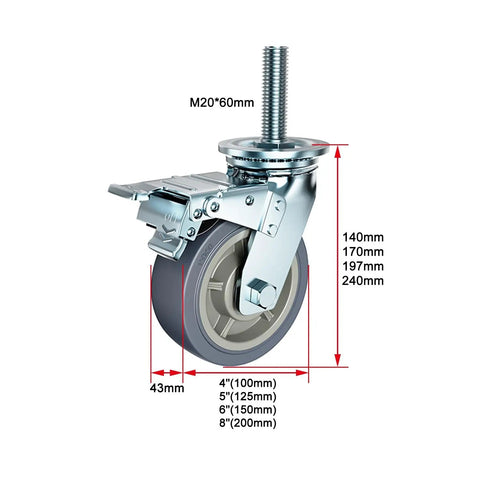 Heavy Duty Swivel Caster With Double Locking Brake, Easy Rollin Quiet Rubber Wheel, M20 Threaded Stem, detailed dimensions and design.